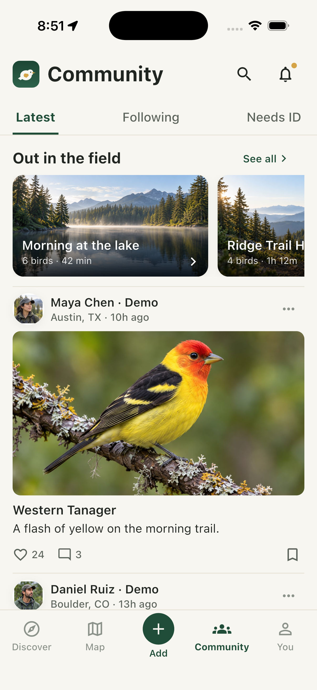 Social Bird community feed showing birders' recent sightings.