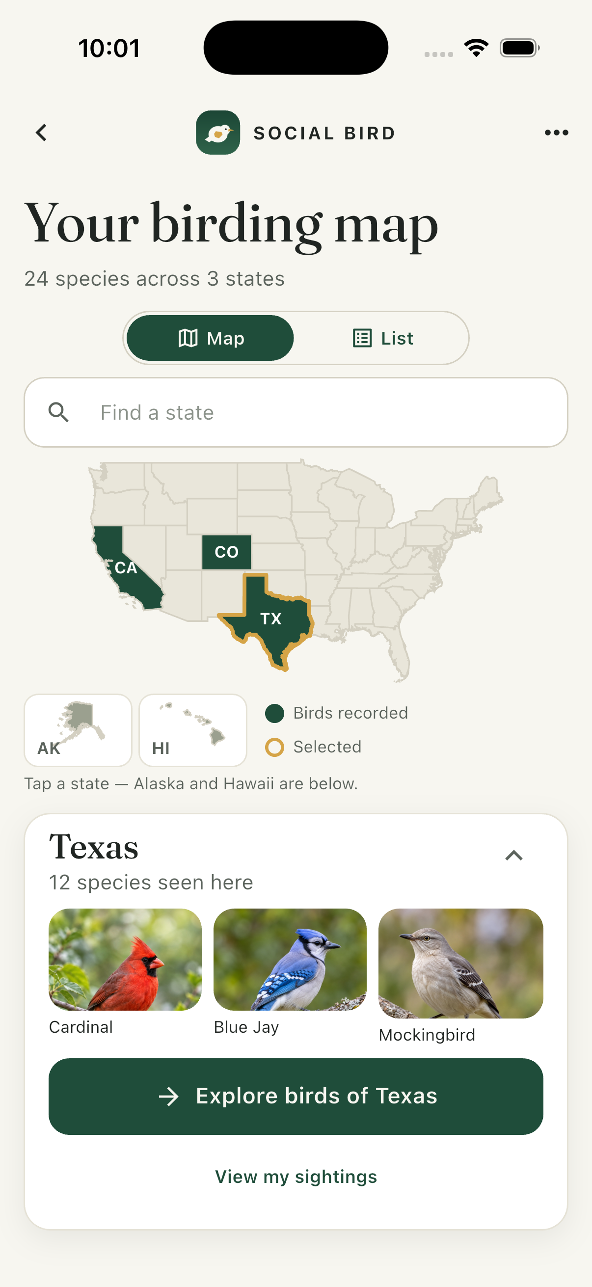 Your birding map with recorded states and a selected region's species.